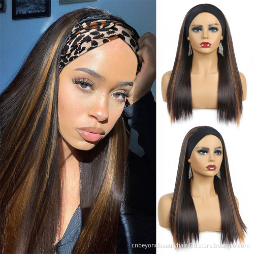 Synthetic Hair Brown Straight Synthetic Hair Silky Straight Hair Highlight Headband Wig for African American Women